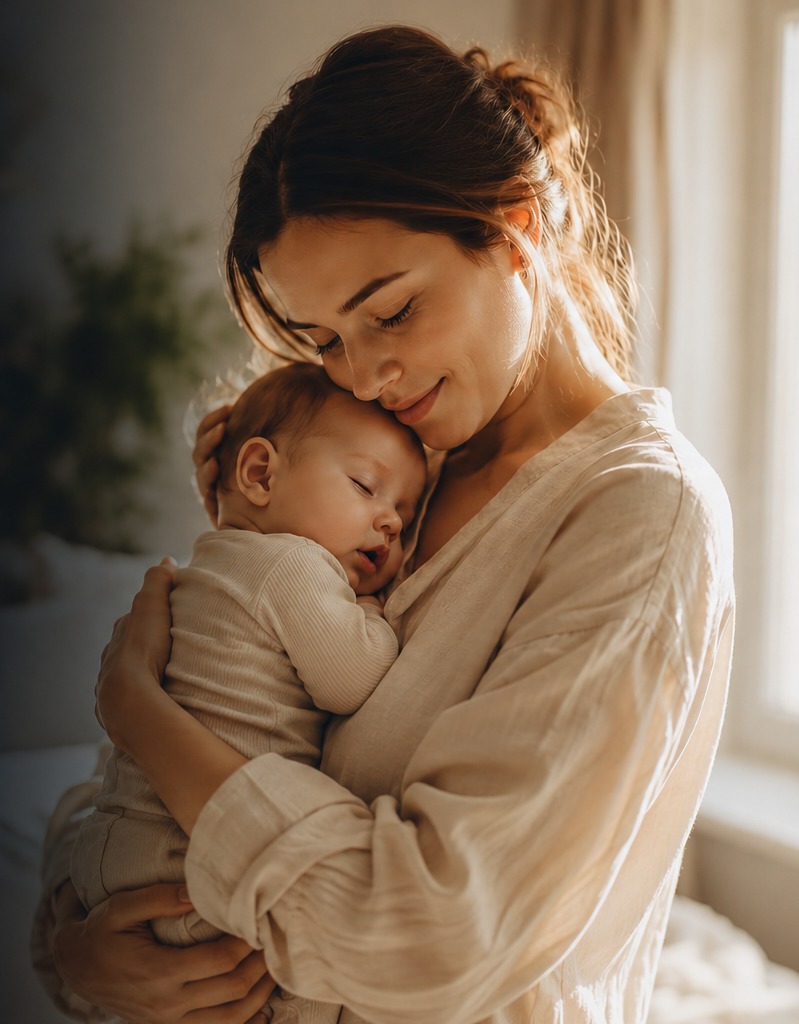 A mother holding her baby